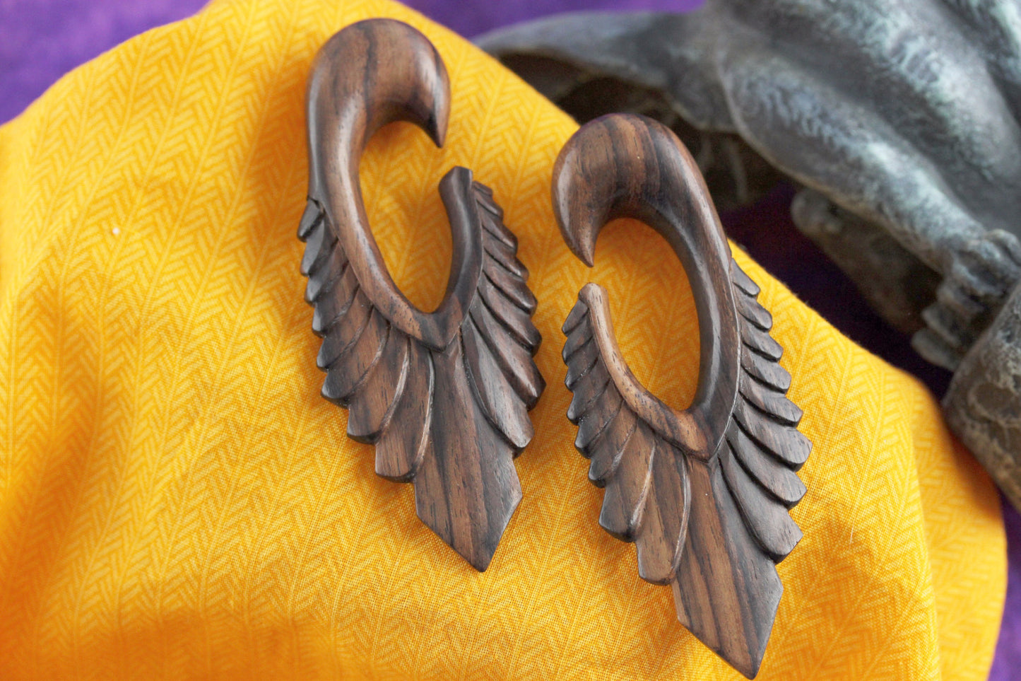Long Feather Carved Wood Hangers