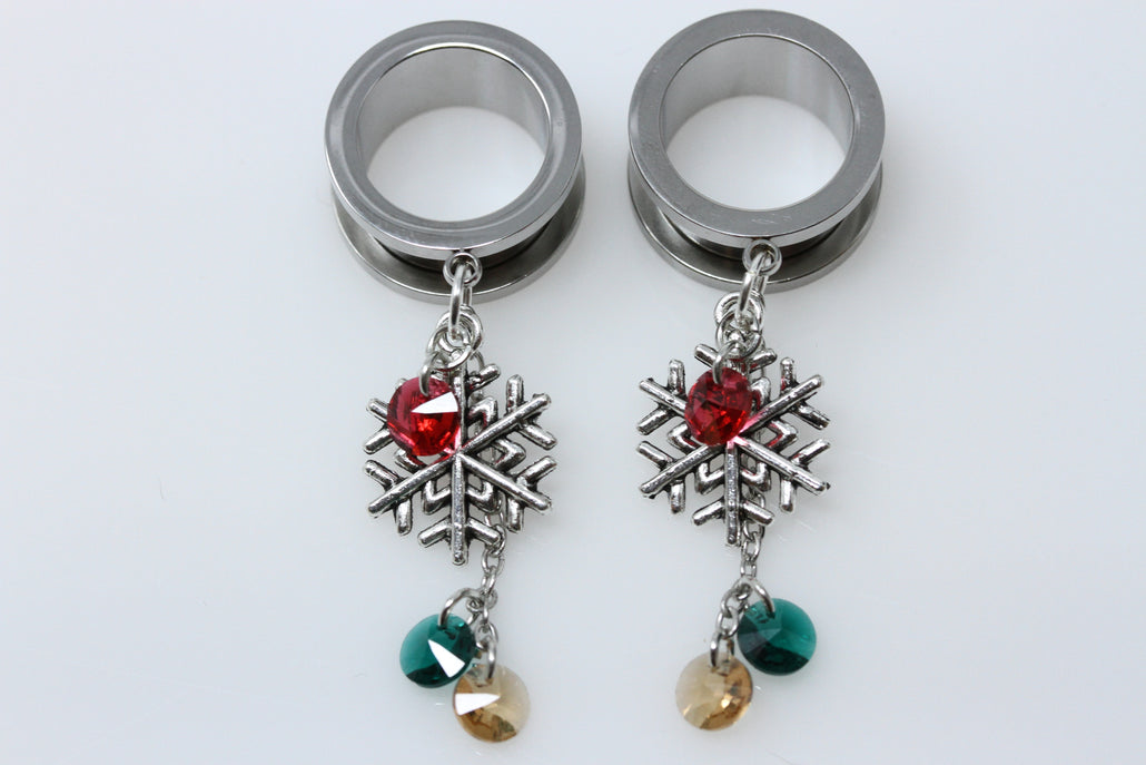Holiday Snowflake Stainless Steel Danglers - Screw on Tunnel (Pair) - TF070