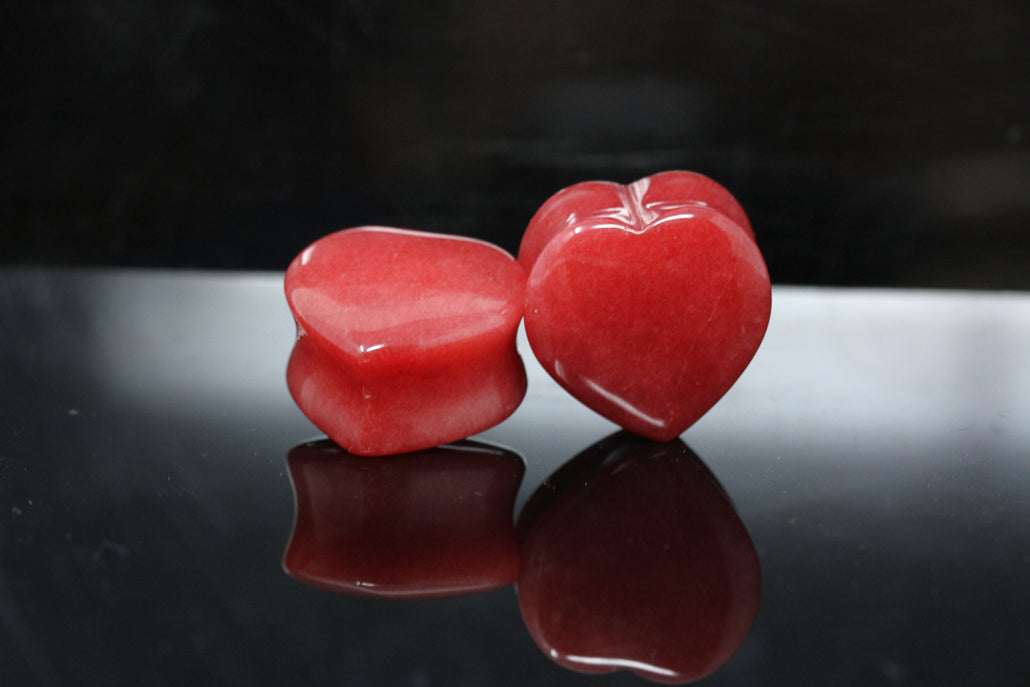 Red Jade Heart Shaped Plugs (Pair) - PH62