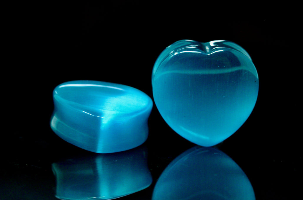 Aqua Cat's Eye Glass Heart Plugs - Stone Chunky Heart Plugs (Pair) - PB46