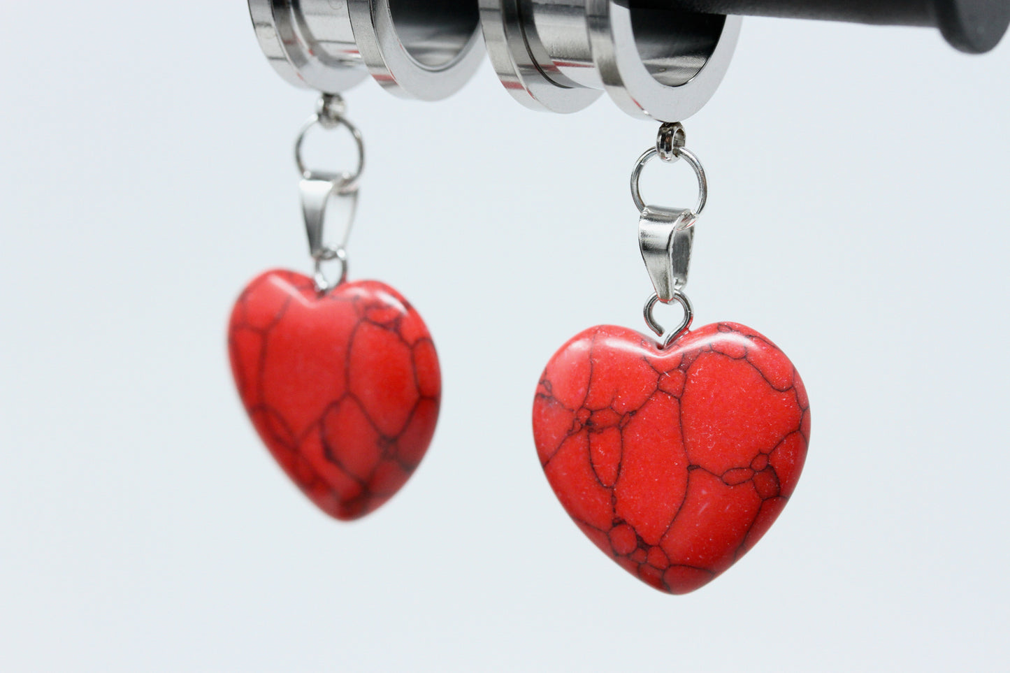 Red Howlite Heart Danglers - Screw on Tunnel (Pair) - TF087