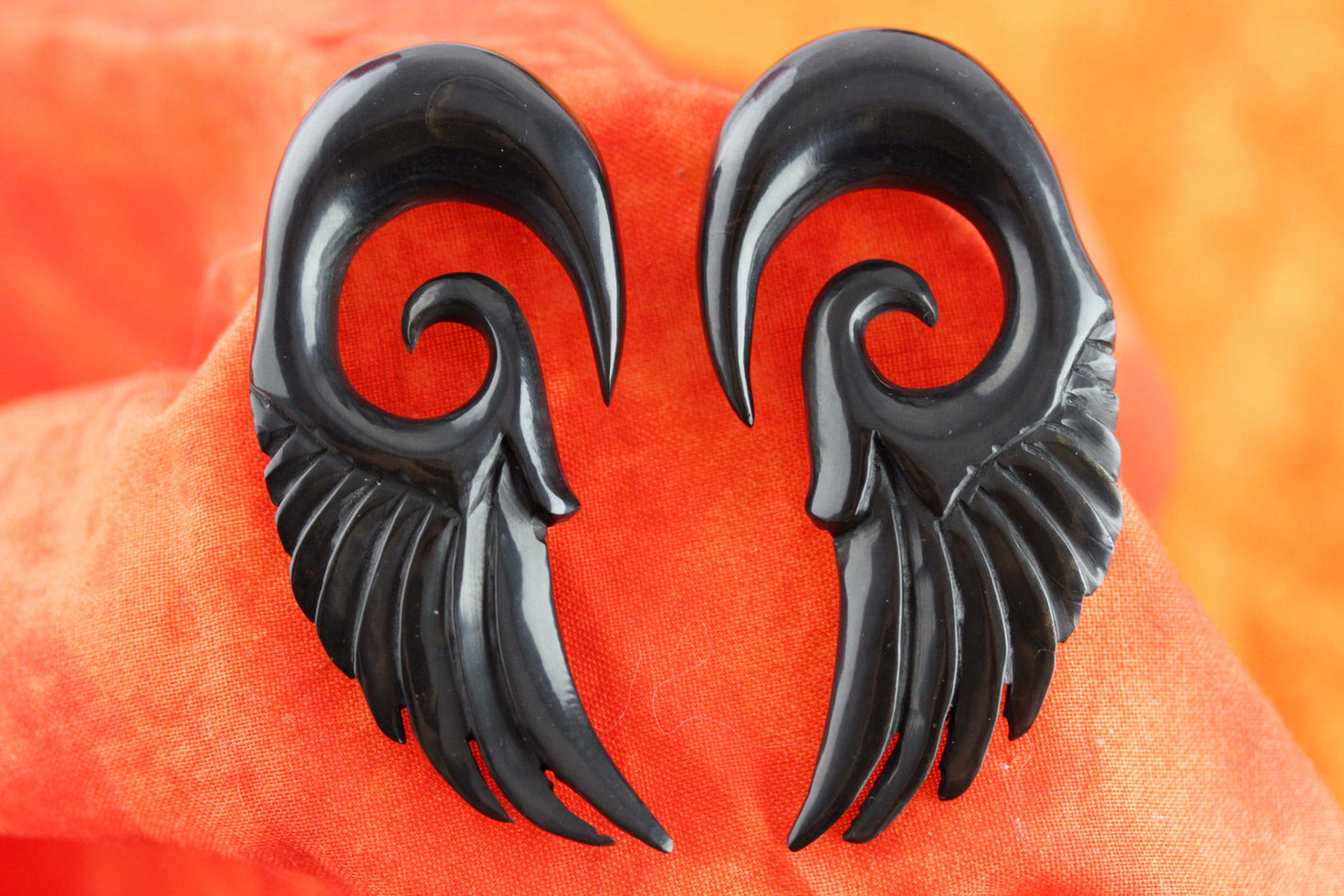 Black Feather Gauged Earrings Black Wing Plugs (Pair) B008 Two