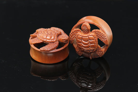 Wood Sea Turtle Plugs - Hand Carved - (Pair) - PA76