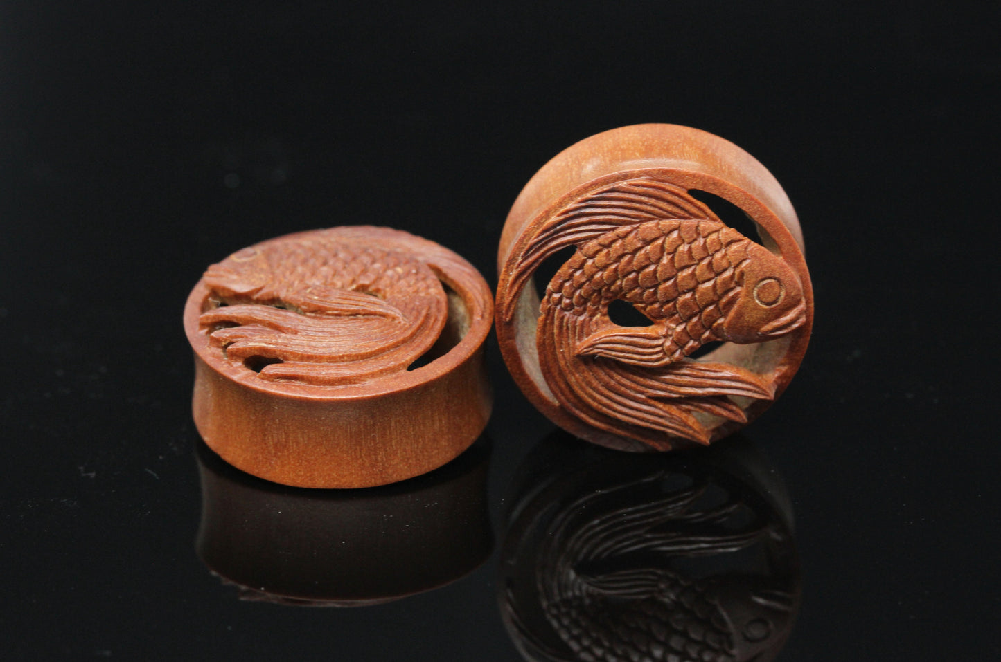 Wooden Koi Fish Tunnels - Hand Carved Koi Fish Plugs (Pair) - PA39