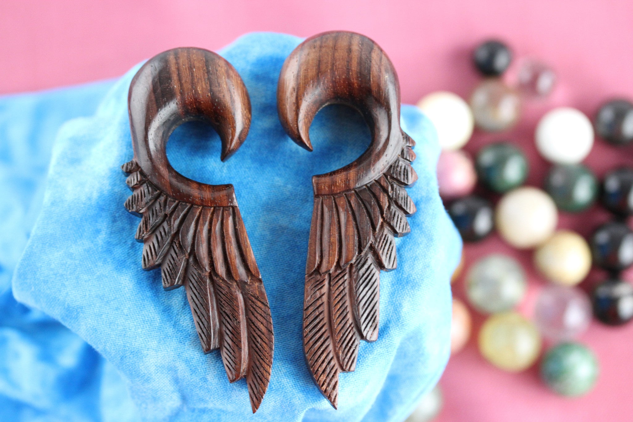 Wood Feather Ear Stretchers (Pair) D002 Two Feather Plugs