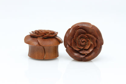 Carved Wood Rose Plugs (Pair) - PA61