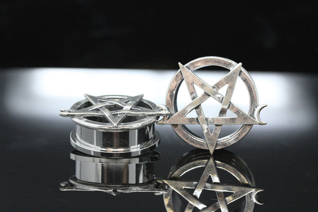 Pentagram Moon Stainless Steel Tunnels (Pair) - PSS92