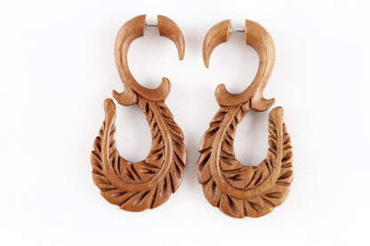 Wood Curved Feather Hanger Plugs - Fake Gauge