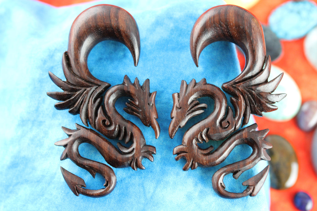 Serpent Dragon Plugs - Carved Wood Hanging Plugs (Pair) - D041
