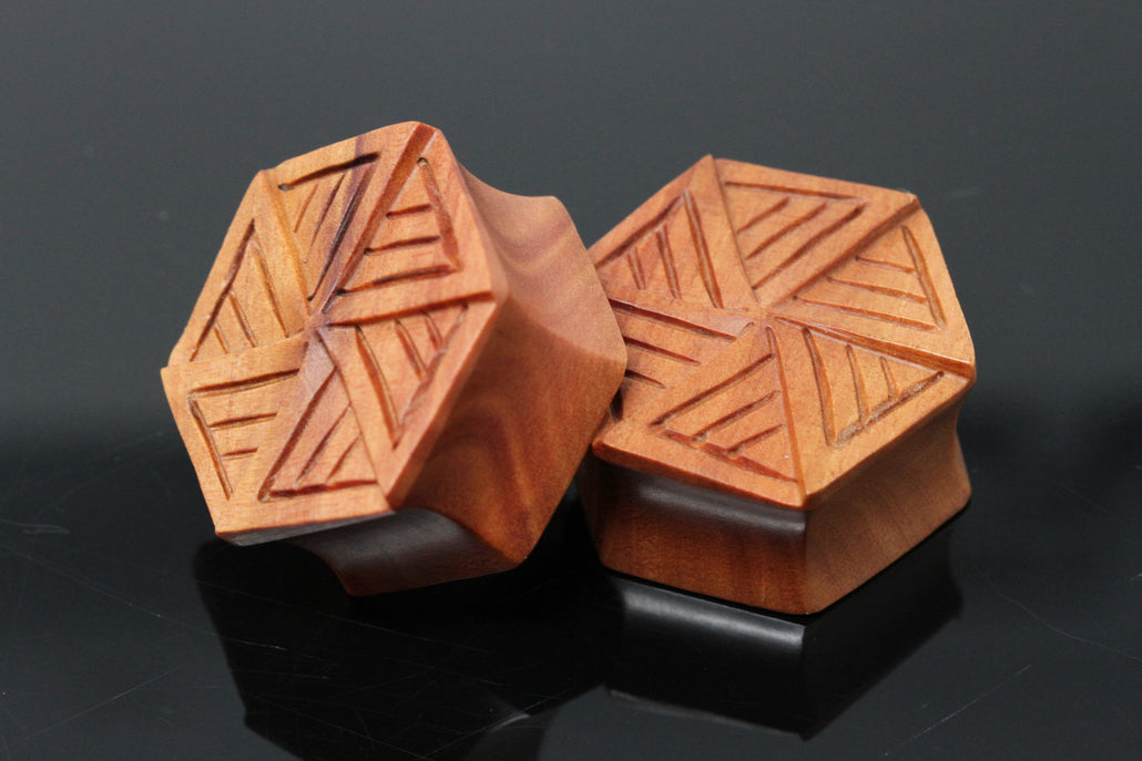 HexaPod Wood Plugs - Hand Carved Hexagon Plugs (Pair) - PA118