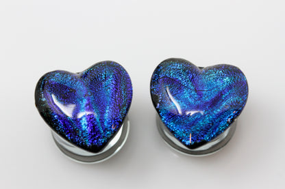 Blue Glass Heart Plugs - Pair 2