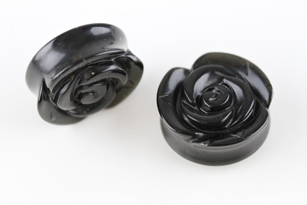 Black Rose Glass Plugs - Pair