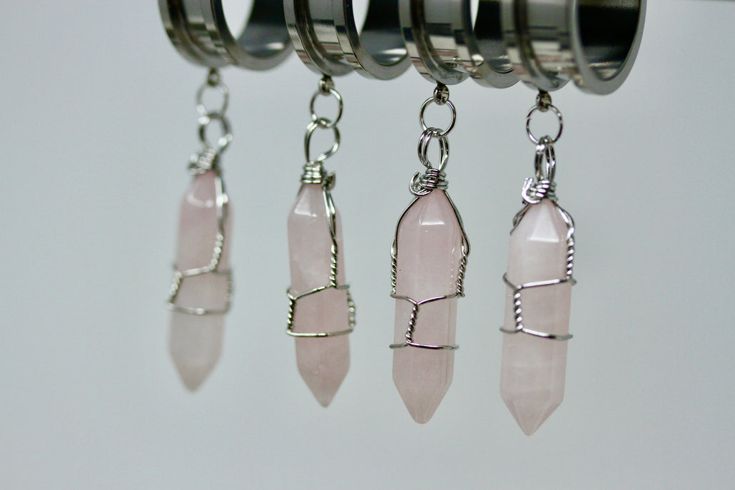 Rose Quartz Wand Stainless Steel Danglers - Screw on Tunnel (Pair) - TF025