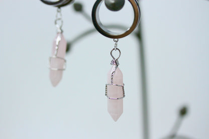 Rose Quartz Wand Stainless Steel Danglers - Screw on Tunnel (Pair) - TF025