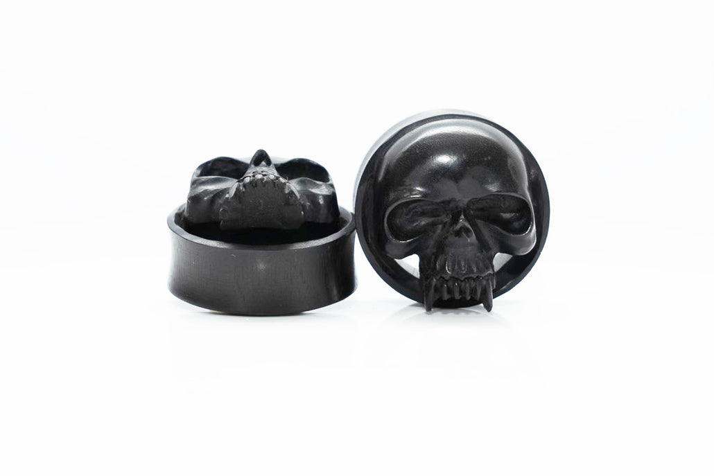 Areng Wood Vampire Skull Tunnels - Carved Areng Wood Plugs (Pair) - PA92