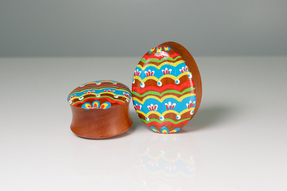 Hand painted Egg shape Wood Plugs - Milk Chocolate (Pair) - PA137
