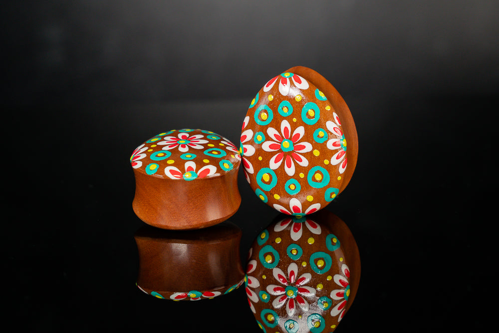 Hand painted Egg shape Wood Plugs - Flora (Pair) - PA139