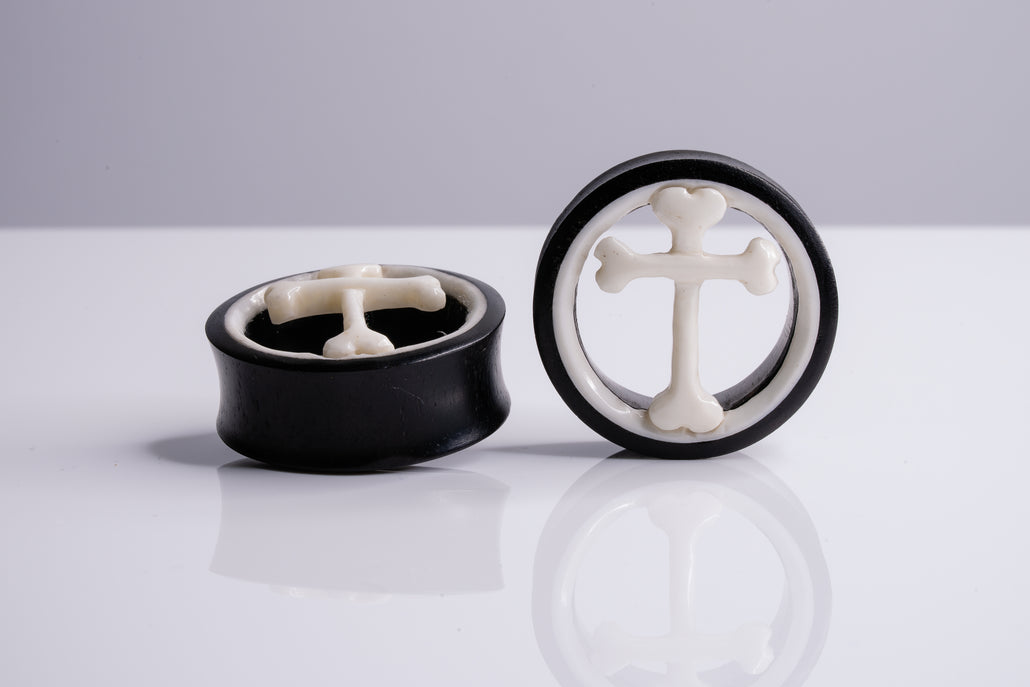 Wood and Bone Cross Tunnels - Hand Carved (Pair) - PA145