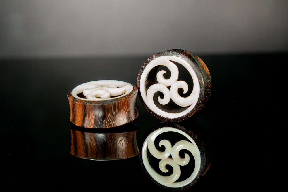 Hand Carved Bone and Wood Tunnels (Pair) - PA21