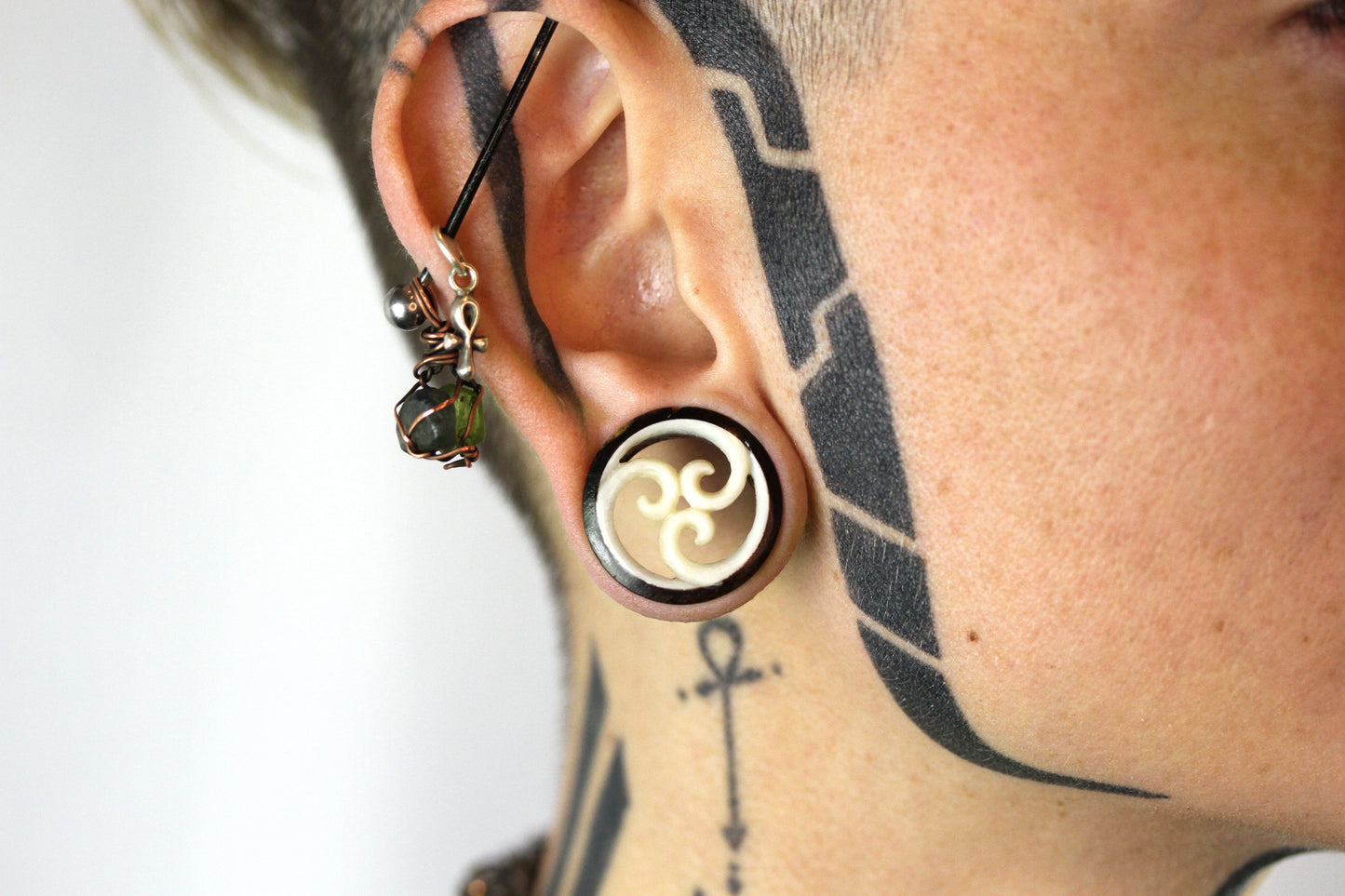 Hand Carved Bone and Sono Wood Tunnel Plugs