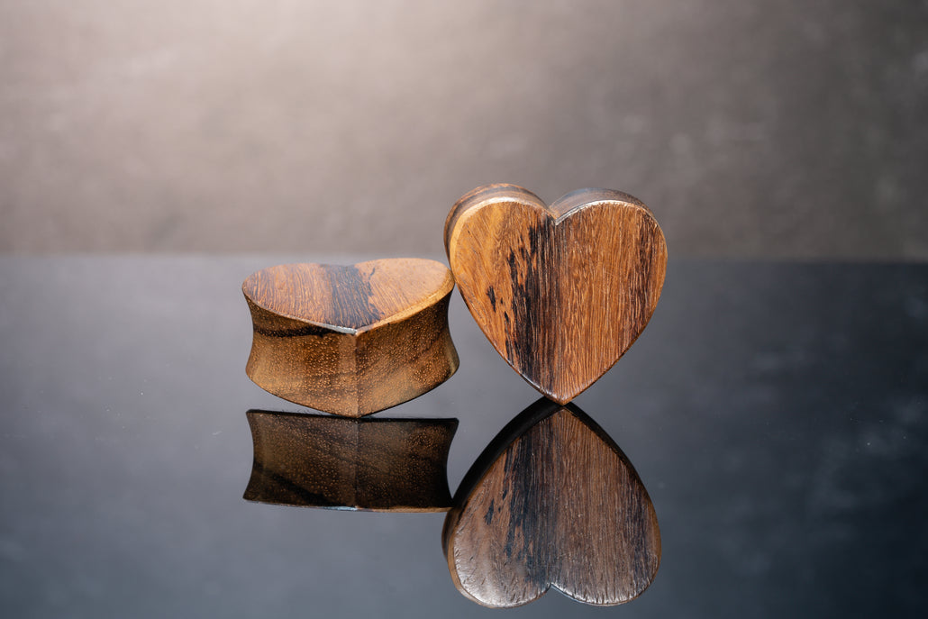 Wood Heart Plugs - Carved Heart Gauges (Pair) - PA43