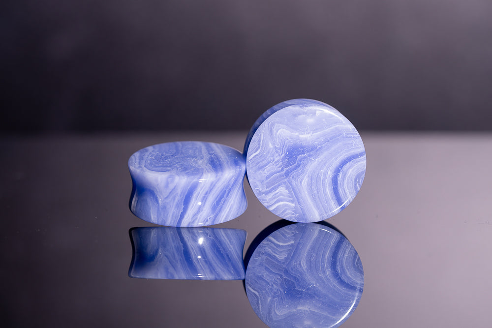 Lace Blue Agate Stretch Plugs - Double Flair Stone Plugs (Pair) - PH05