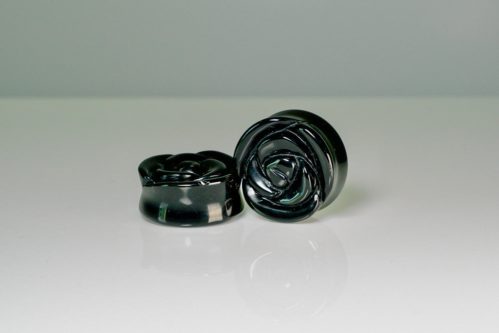Black Rose Plugs - Glass (Pair) - PH119