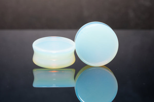 thumbnail interactive-video image 1 of Lex & Lu Genuine Opalite Double Flare Stone Ear Plugs – Organic, 6g To 5/8” – BDPNF-OP 1 of 2