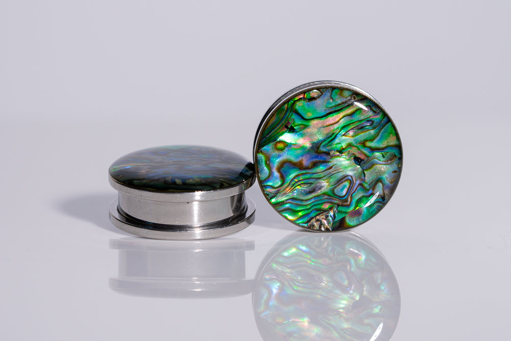 Abalone Shell Stainless Steel Plugs - Screw on Plugs (Pair) - PSS28