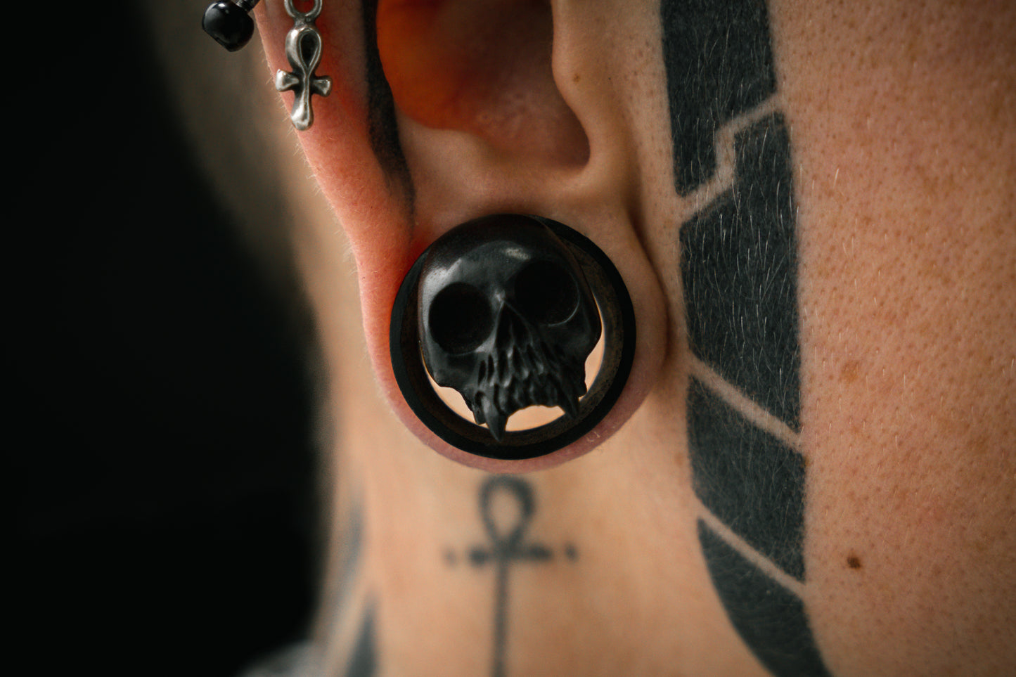Areng Wood Vampire Skull Tunnels - Carved Areng Wood Plugs (Pair) - PA92