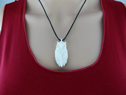 White Horned Owl Necklace - Carved bone - X031